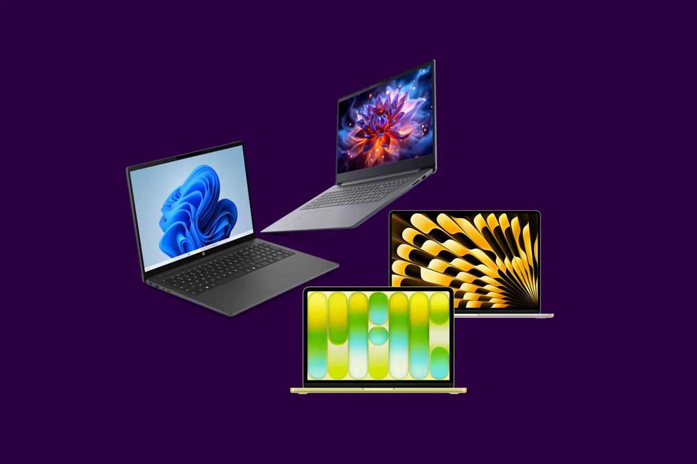 Keturi skirtingi nešiojami kompiuteriai pakibę ore: „Apple MacBook Neo 13 A18Pro“ , „HP OmniBook 3“, „Lenovo IdeaPad Slim 3 15.6 Ryz5“, „Apple MacBook Air 13.6 M5“