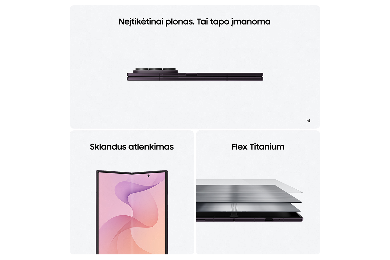 Galaxy Fold8 Ultra ir virš jo užrašai: „Neįtikėtinai plonas. Tai tapo įmanoma“, „Sklandus atlenkimas“, „Flex Titanium“