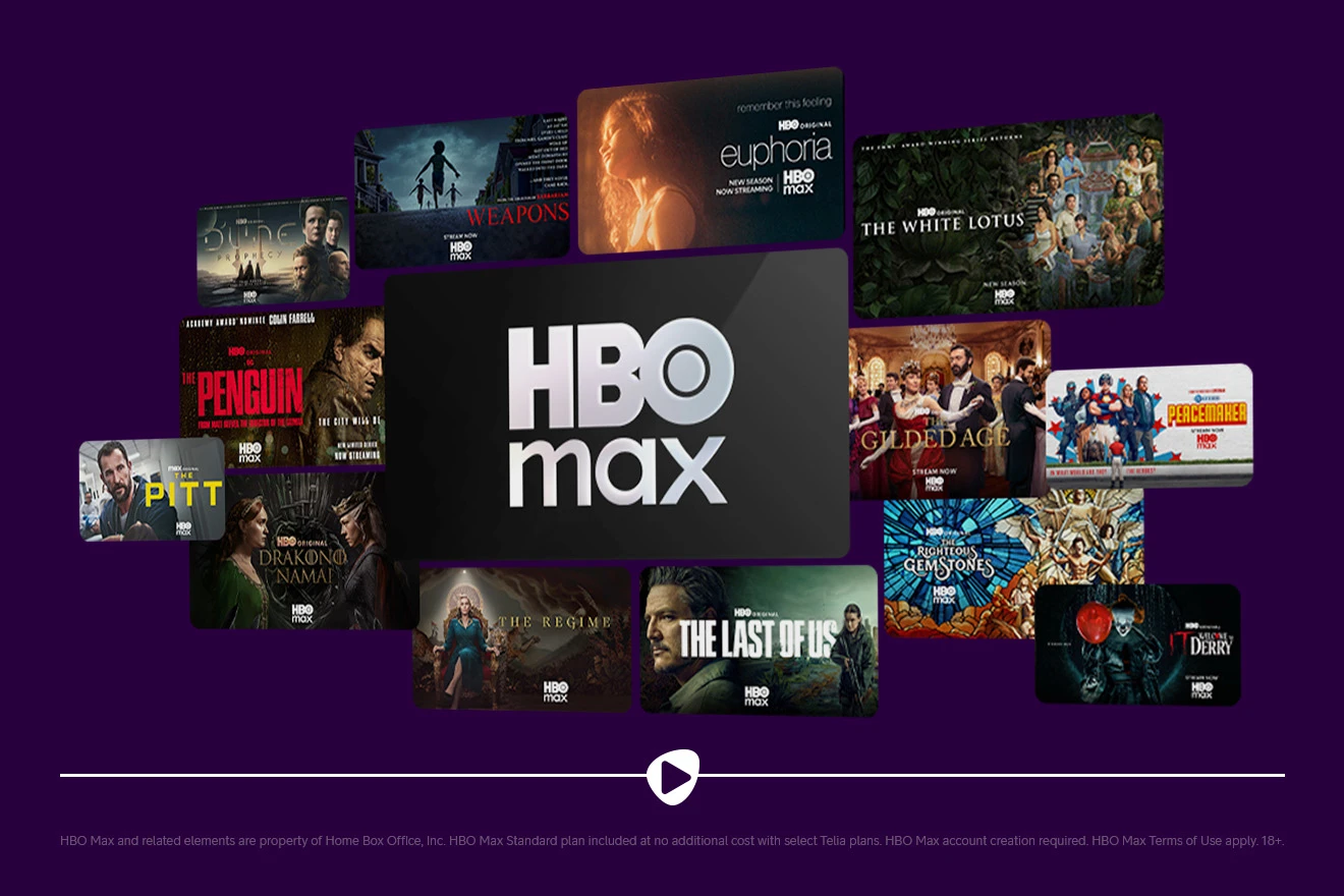 HBO Max siūlomo turinio koliažas su logotipu per vidurį